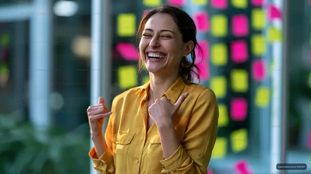 Woman smiles and points at sticky notes on a glass wall