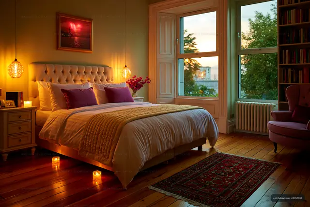 Cozy bedroom with warm lighting and sunset view