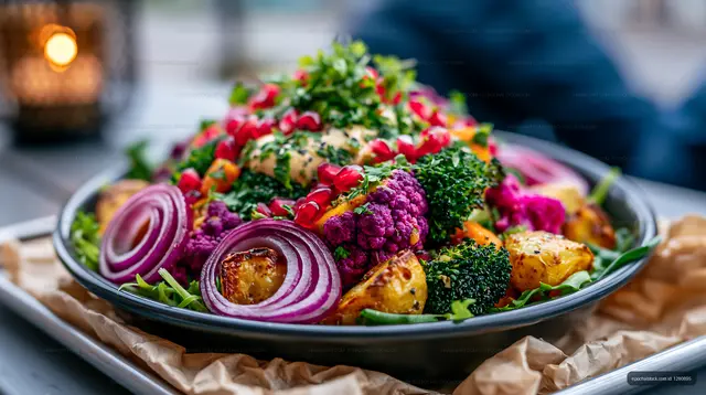 Colorful vegetable salad with pomegranate seeds and red onions