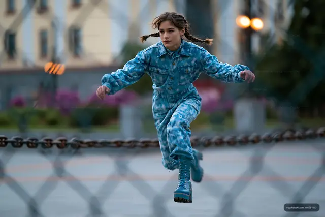 Girl jumping in blue outfit on a chain link fence background