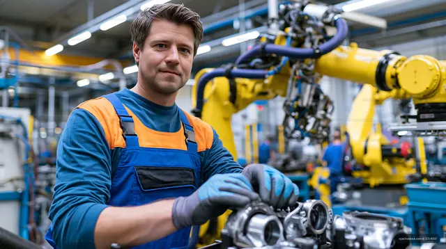 Worker assembling parts in a factory with robotic machinery