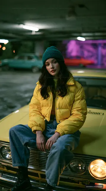 Model sitting on a yellow car in a parking garage