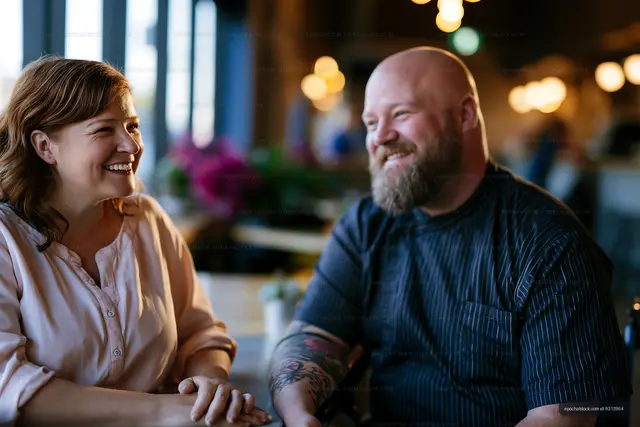 Friends enjoying conversation in a cafe during the day