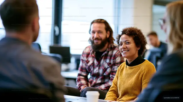Group of people having a discussion in an office setting