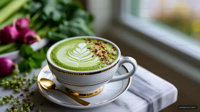 Matcha green tea with latte art in a stylish cup on a table