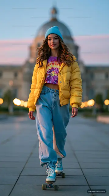 Skateboarding woman in colorful outfit at sunset in city square