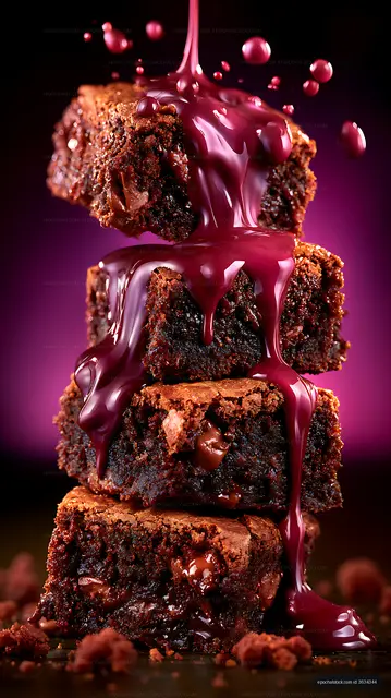 Chocolate brownies stacked with dripping sauce