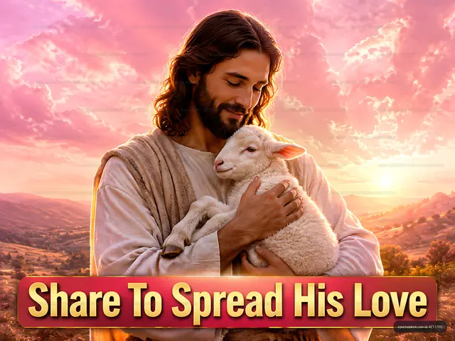 Man holding a lamb with a sunset background and message of love