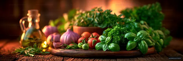 Fresh vegetables and herbs on a wooden table with olive oil