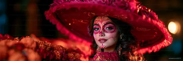 Woman in colorful attire with flower decorations and vibrant makeup