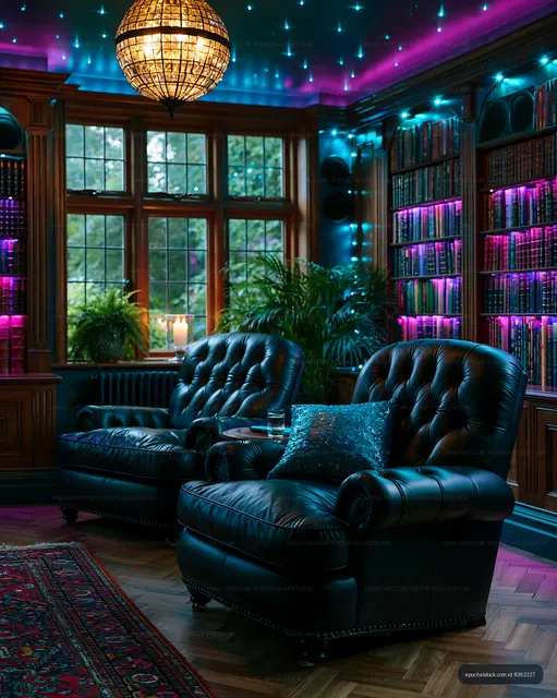Cozy reading nook with two leather chairs and colorful lighting