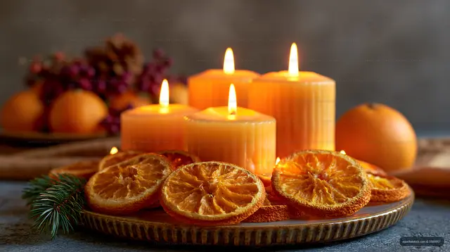 Candle display with dried orange slices on a festive table