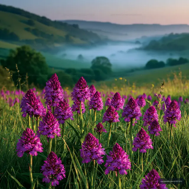 Purple orchids bloom in a misty valley at sunrise