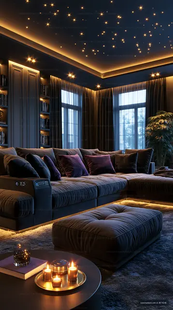 Cozy living room with dark decor and ambient lighting