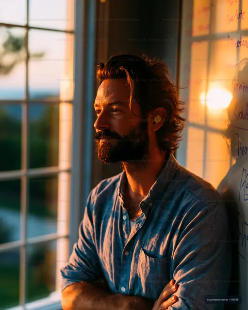 Man with beard looks out window during sunset light