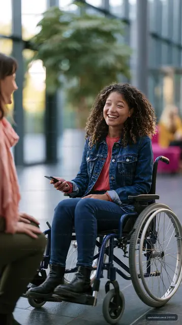 Woman in wheelchair smiling during conversation indoors
