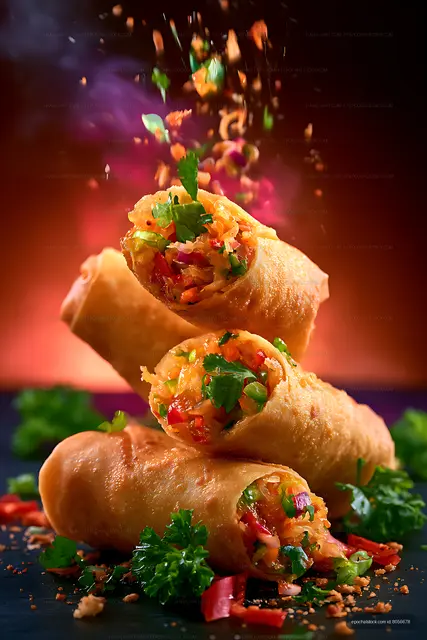 Crispy spring rolls with colorful filling and spices