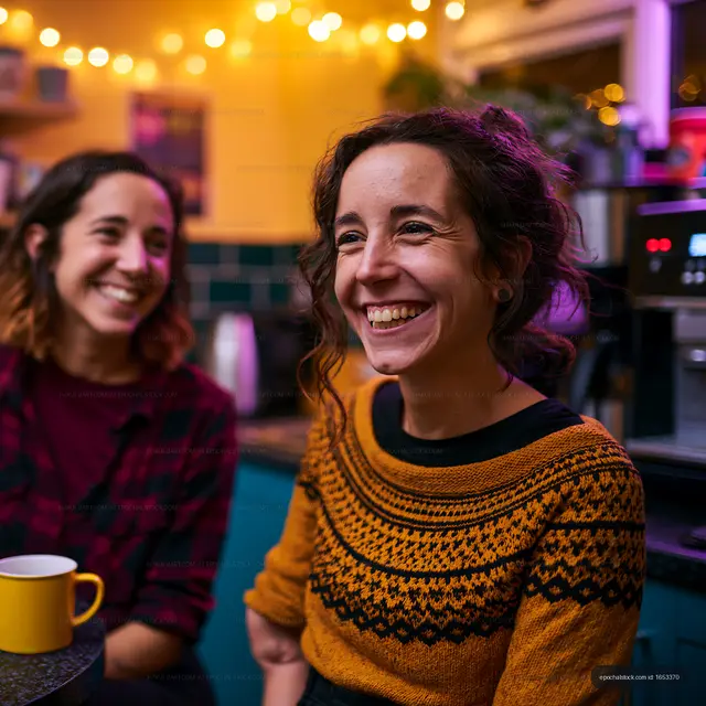 Friends sharing a joyful moment in a cozy cafe setting