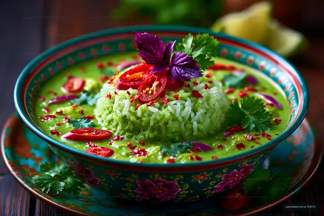 Colorful green rice dish in a patterned bowl