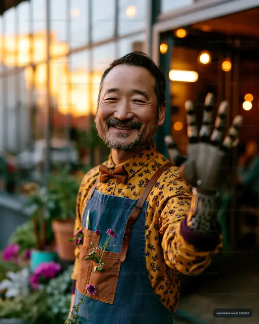 Friendly florist presenting flowers inside a plant store