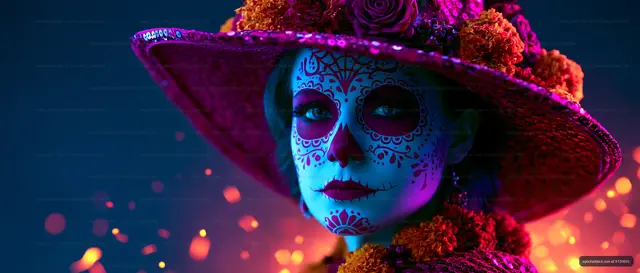 Dramatic close portrait of woman in sugar skull makeup and flower hat