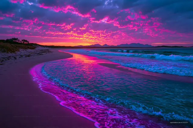 Neon-colored coastal sunset with reflective waves and mountains
