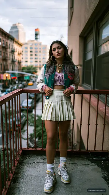 Streetwear portrait of a woman on an urban rooftop balcony