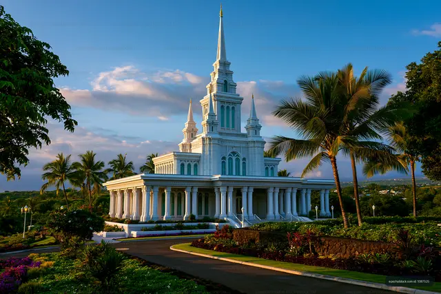 White spired temple surrounded by palm trees