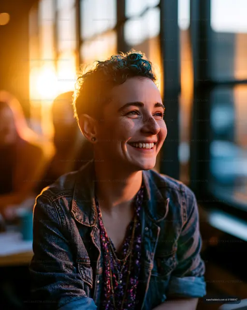 Woman smiles while sitting near window during sunset