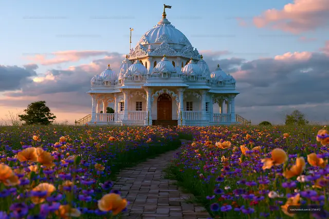 Ornate domed temple beyond a colorful garden path