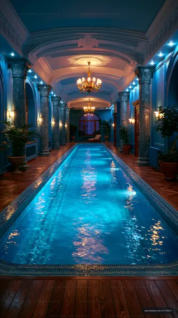 Luxury indoor pool with marble columns and glowing chandeliers
