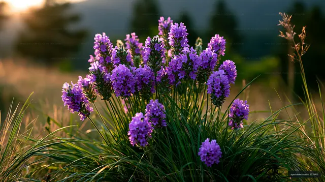 Purple wildflowers in a field during sunset