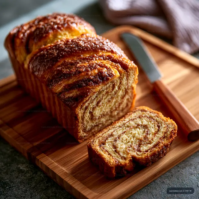 Cinnamon swirl bread on wooden cutting board with knife