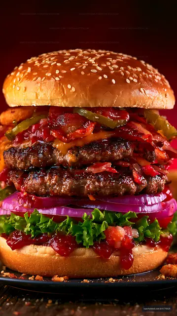 Gourmet double patty burger in dramatic close-up