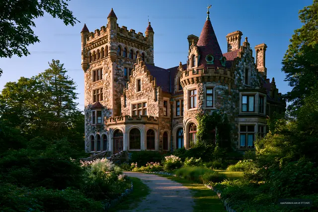 Grand stone estate with turrets and garden path