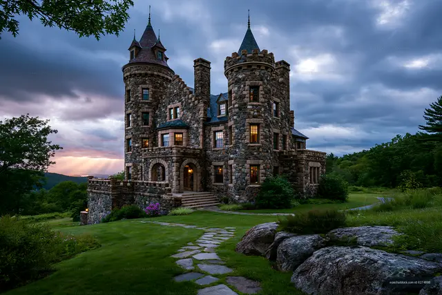 Historic-style stone castle home with turrets and sunset view