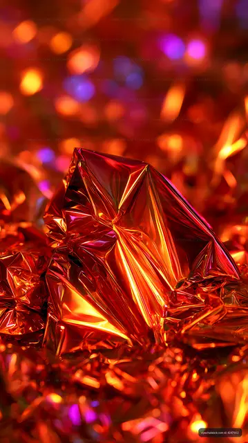 Crumpled red metallic foil glowing with colorful reflections