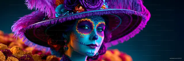 Woman in ornate feathered hat with vivid artistic face paint
