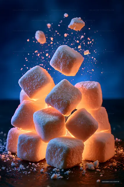 Sugar cubes stacked with sparks on a dark background