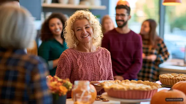 Smiling woman at a warm gathering with friends and pies