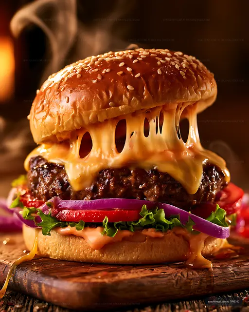 Melted cheese burger on a sesame seed bun