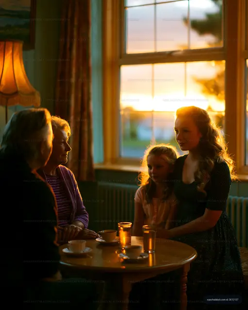 Family group gathered around a table at sunset