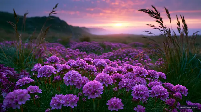 Vibrant purple flowers in a meadow at sunset