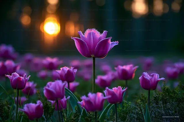 Fringed purple tulip with glowing garden bokeh