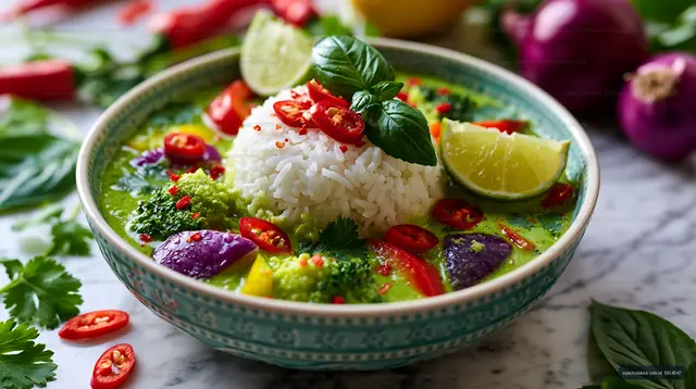 Colorful vegetable curry with rice and fresh ingredients
