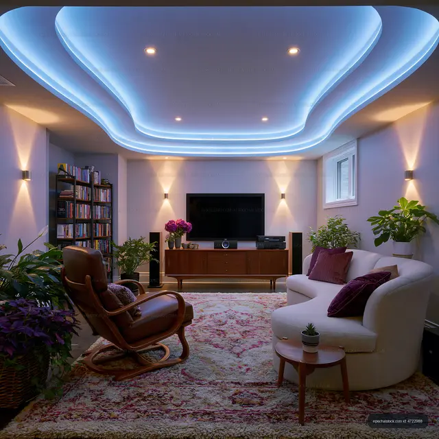 Contemporary living room with illuminated ceiling and lush greenery