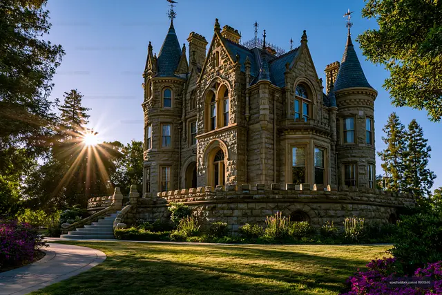 Grand historic mansion framed by trees and garden