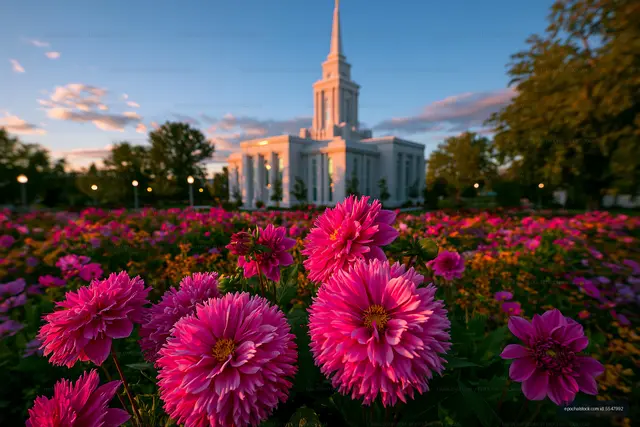 Pink dahlia blossoms in front of a softly blurred steeple