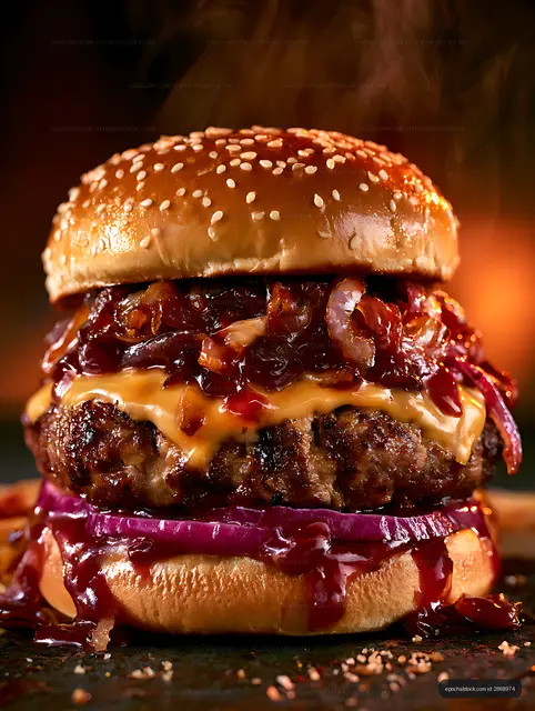 Juicy burger with melted cheese and barbecue sauce