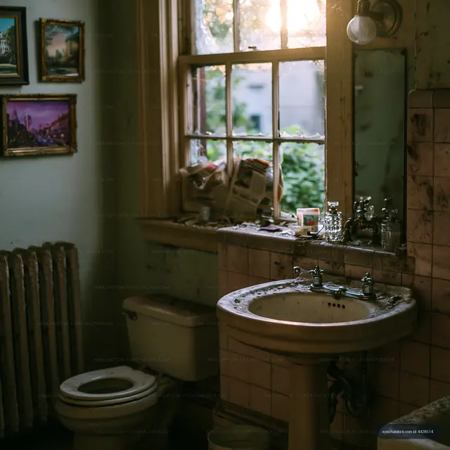 Old bathroom with pedestal sink and bright window